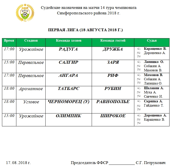 Судейские назначения на 13 тур для ПЕРВОЙ лиги